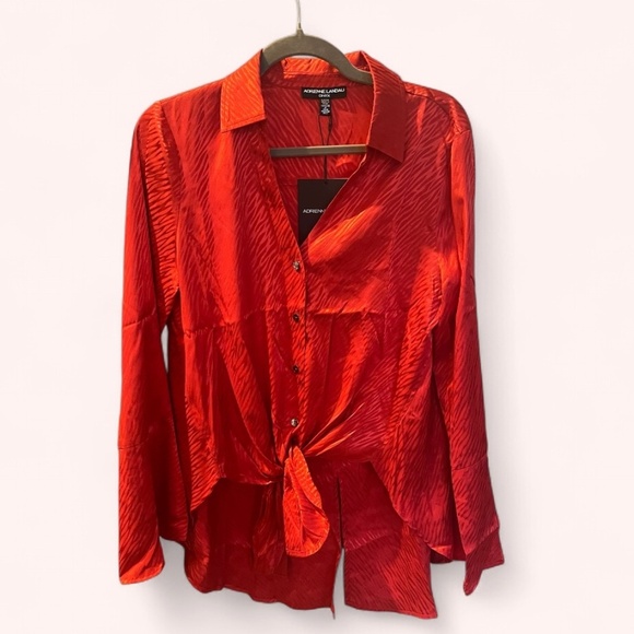 Adrienne Landau Goji Berry Zebra Print Satin Front Tie Button Up Top NWT Size S - Picture 2 of 7